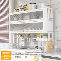 GEEK 2Tier Metallic Dish Cabinet Rack 65-105CM Dustproof Drain Rack With Cabinet Door Metallic Dish Cabinet Rack