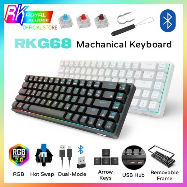 HOTSWAP RK G68 RGB - Bàn phím cơ không dây ROYAL KLUDGE RK G68 RGB 65% 3 Mode kết nối có dây / Bluetooth / 2.4G, 60% 68 phím cho Mac Windows, Bàn phím có thể hoán đổi nóng Switch