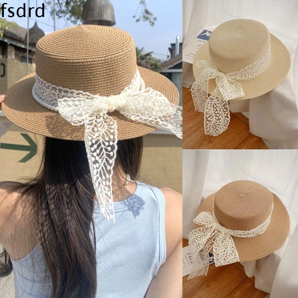 FSDRD Xuân Hè Mũ Rơm ruy băng nơ Phong cách Pháp Rộng vành Mũ Rơm đỉnh phẳng Thời trang Du lịch Mũ che nắng nữ Nữ