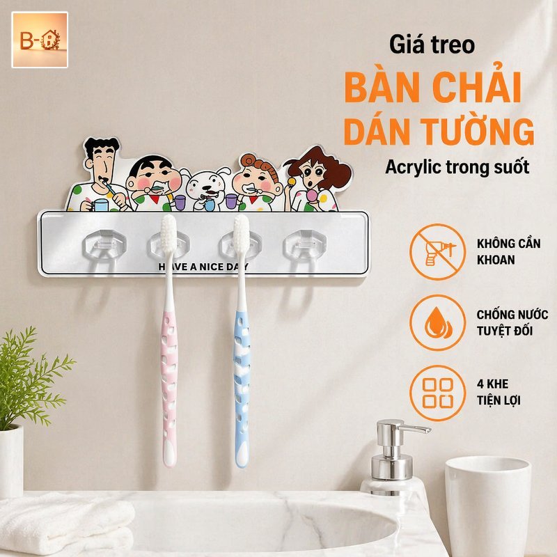 B-HQ giá treo bàn chải đánh răng móc dán tường không khoan hình hoạt hình nhựa chống nước dùng phòng tắm gia đình