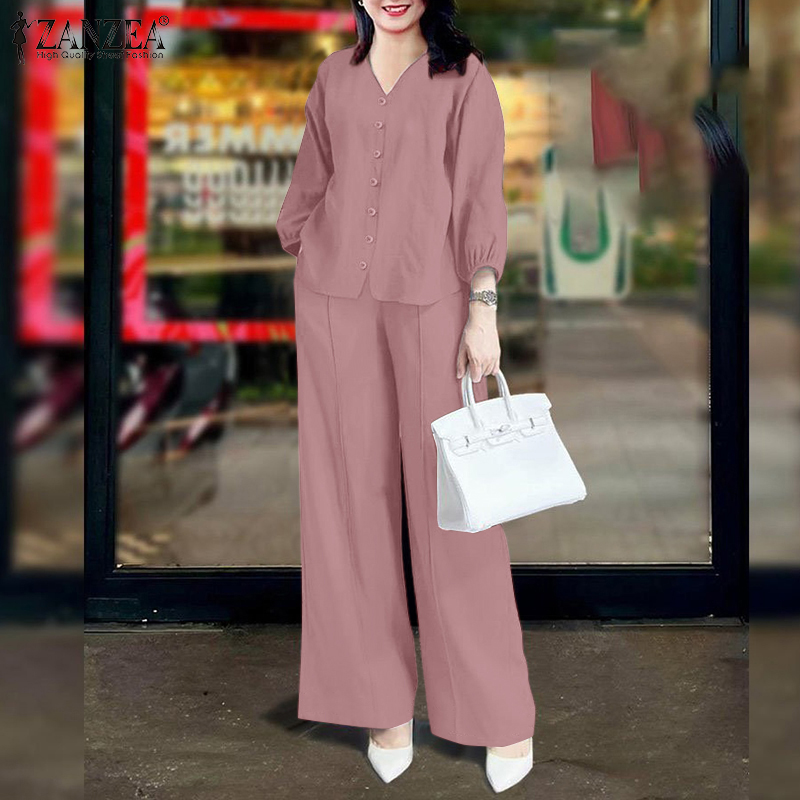 ZANZEA Women Two-piece Outfits V-Neck 3/4 Sleeve Shirt Long Pants Trousers Solid Color Elegant Sets #0310 ราคา 418 บาท*ส่งฟรี