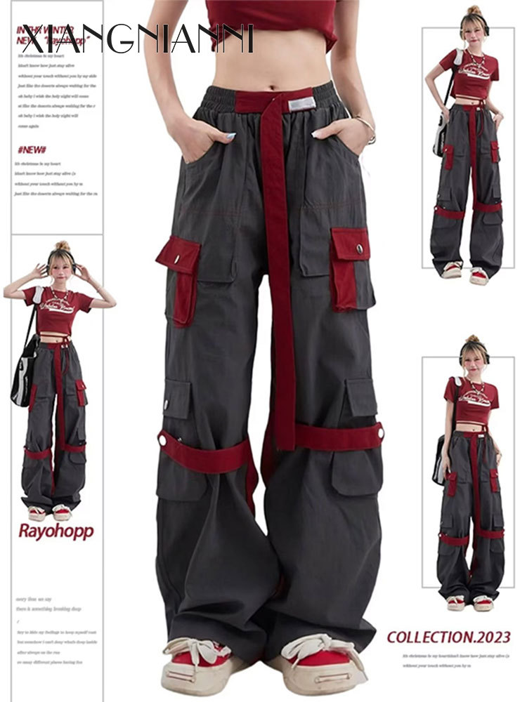 Xiang Nian ni Quần Dài Phụ nữ eo cao quần ống rộng rộng thắt lưng dài nhiều túi cho nữ phong cách Y2K Quần túi hộp tương phản Châu Âu và phong cách Mỹ Quần Dài phụ nữ