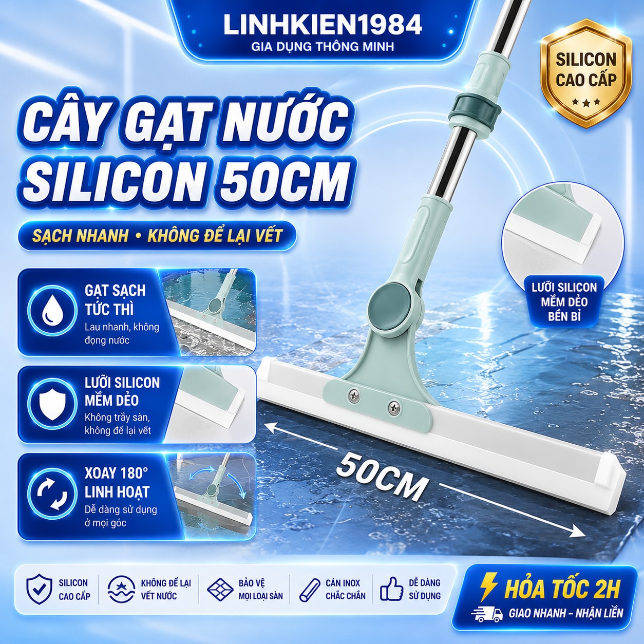 Cây gạt nước sàn nhà chổi silicon quét nước nhà tắm, cây cào đẩy nước thông minh cán dài 50cm
