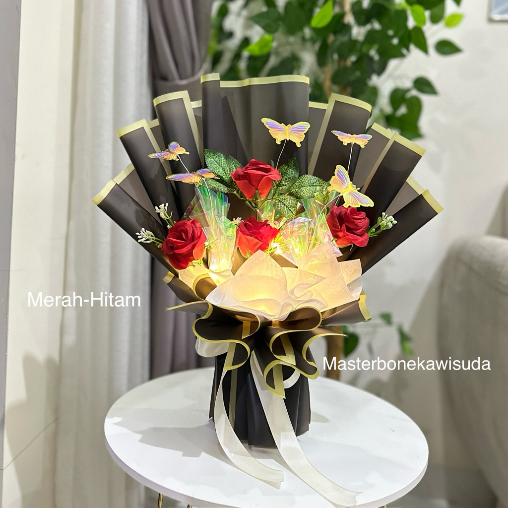 NEW KOREANS Model 1 BUKET BUNGA MAWAR KUNCUP + KUPU KUPU HOLOGRAM /// artificial / Buket ulang tahun / Buket Anniversary / Buket wisuda / Hadiah / Souvenir / Hampers / Masterbonekawisuda / Valentine