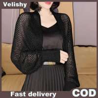 Velishy Mùa hè Phụ Nữ Màu Trơn Hollow ra dài tay áo Kem chống nắng lỏng dệt kim Cardigan