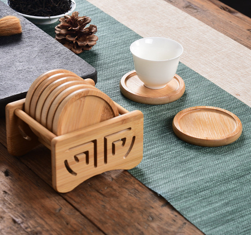 Bộ giữ cốc 6 tấm lót bằng tre - lót tách trà tre - giá đỡ cốc - tấm lót trà tròn cách nhiệt coaster