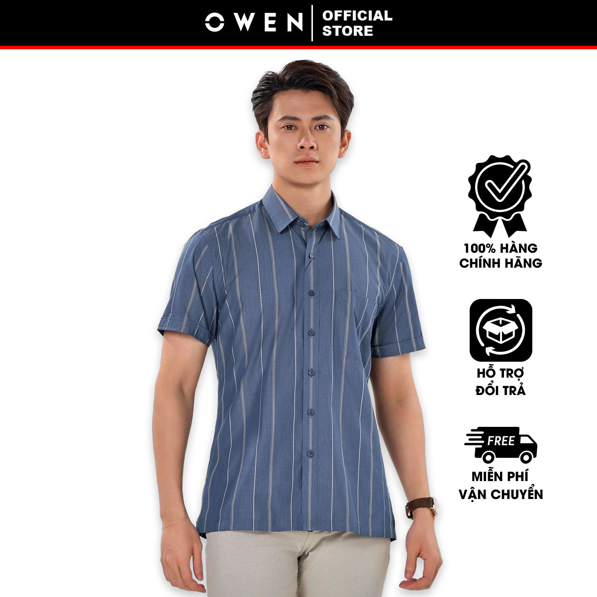 OWEN SALE -  Tay Ngắn Màu Xanh Lá Đậm  Họa Tiết Sọc Dọc Form Body Fit Lai Ngang Chính Hãng