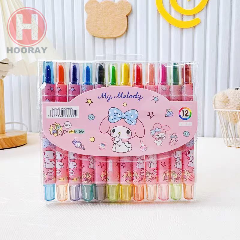 【HOORAY】12 Colors Rotating Crayon Sanrio Twistable Crayon Student Drawing Colored Pencils Colorful Kids Drawing Supplies #BK0230#