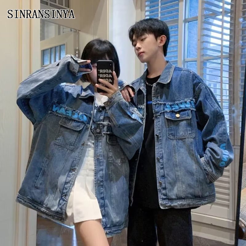 Áo khoác có thể giặt phong cách retro Túi Burr Áo khoác denim rộng cho cặp đôi