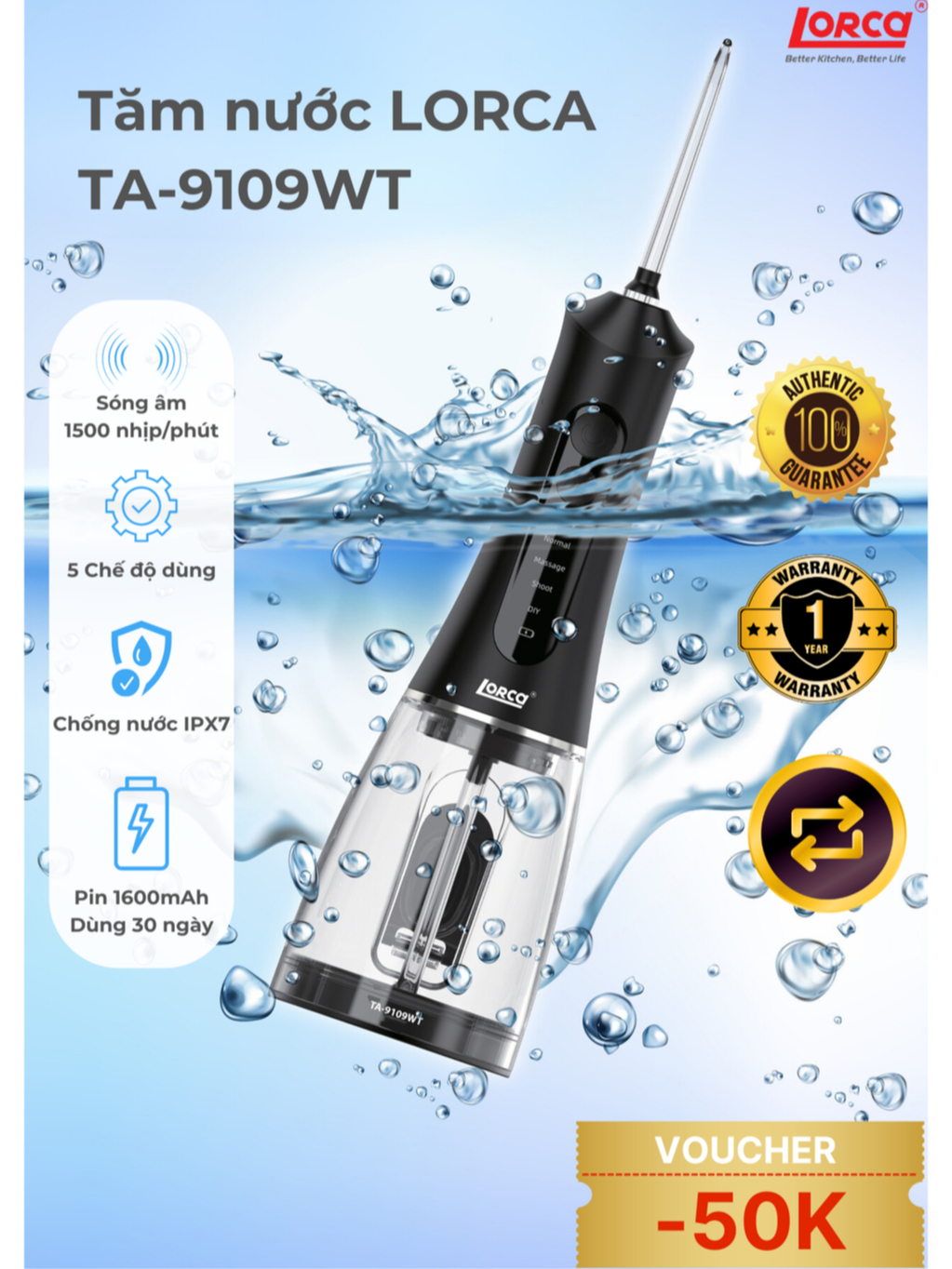 Máy Tăm Nước Cầm Tay Chính Hãng Lorca TA 9109WT Vệ Sinh Răng Miệng, Bộ 5 Đầu Tăm, 5 Chế Độ Sử Dụng