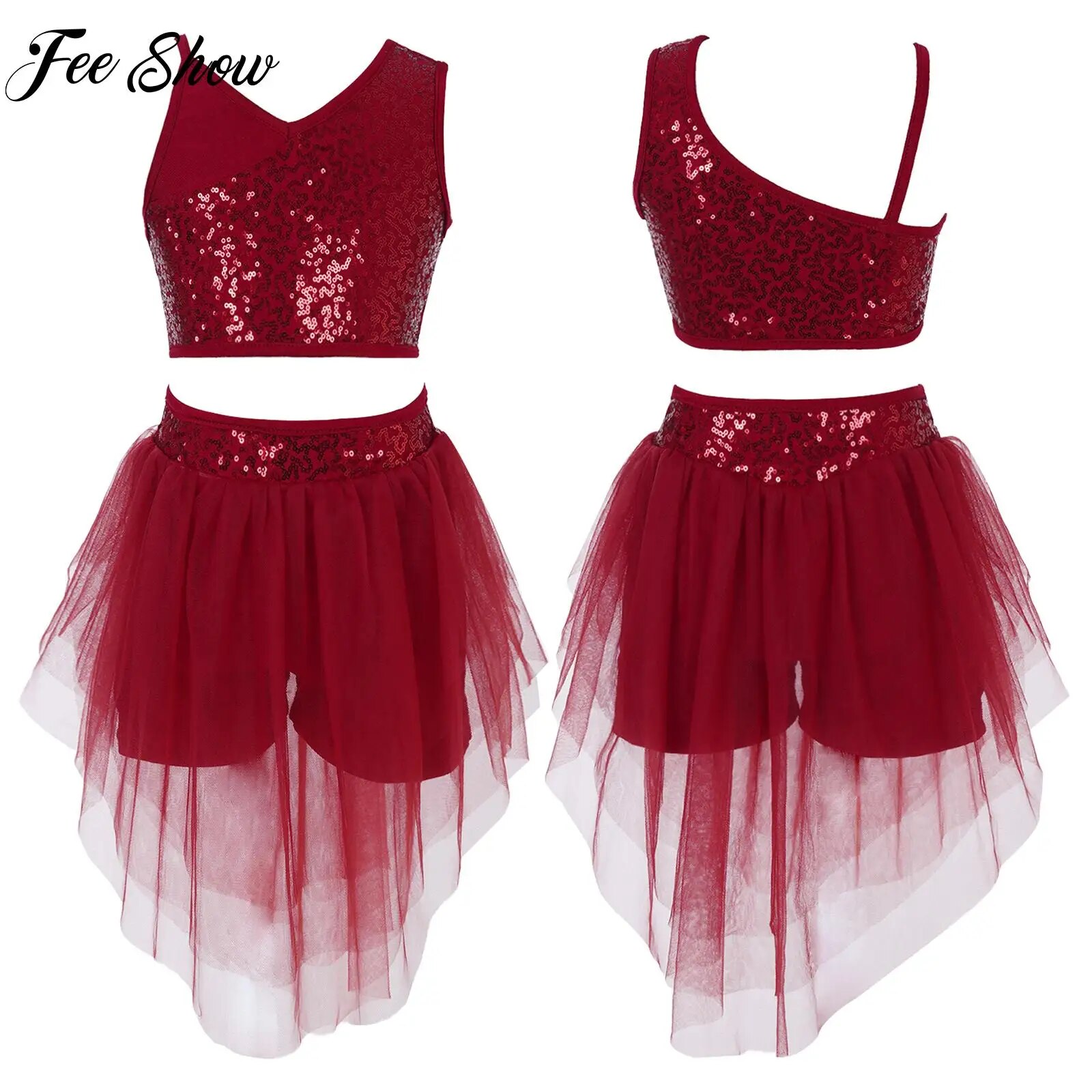 Trẻ Em Cô Gái Sáng Bóng áo hở eo Với Váy Spaghetti V Đường Viền Cổ Áo Sequin biểu diễn sân khấu Váy Múa Ba Lê Dancewear