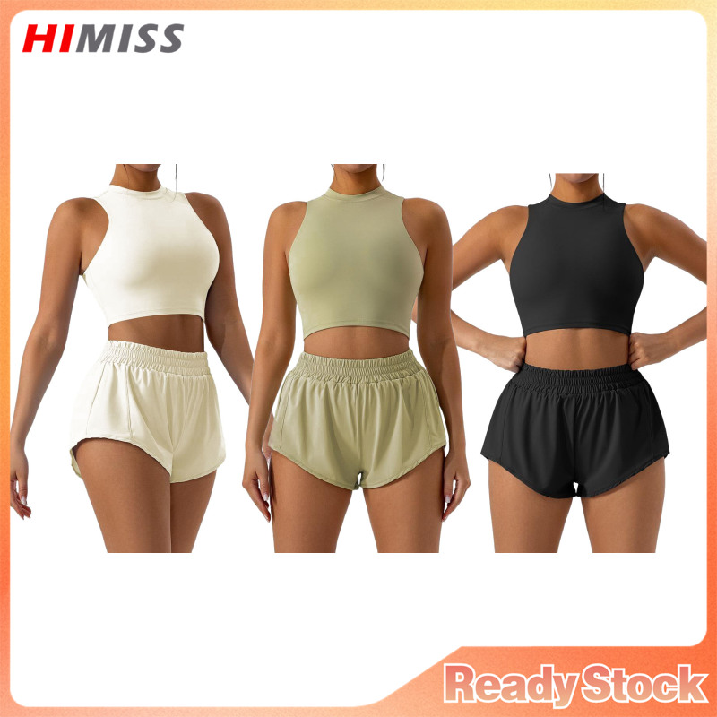 Women's 2 Pcs Sport Sets Crew Neck Sleeveless Slim Fit Crop Yuga Top Shorts Set Gym Sets Tracksuits Sweatsuits ราคา 650 บาท*ส่งฟรี