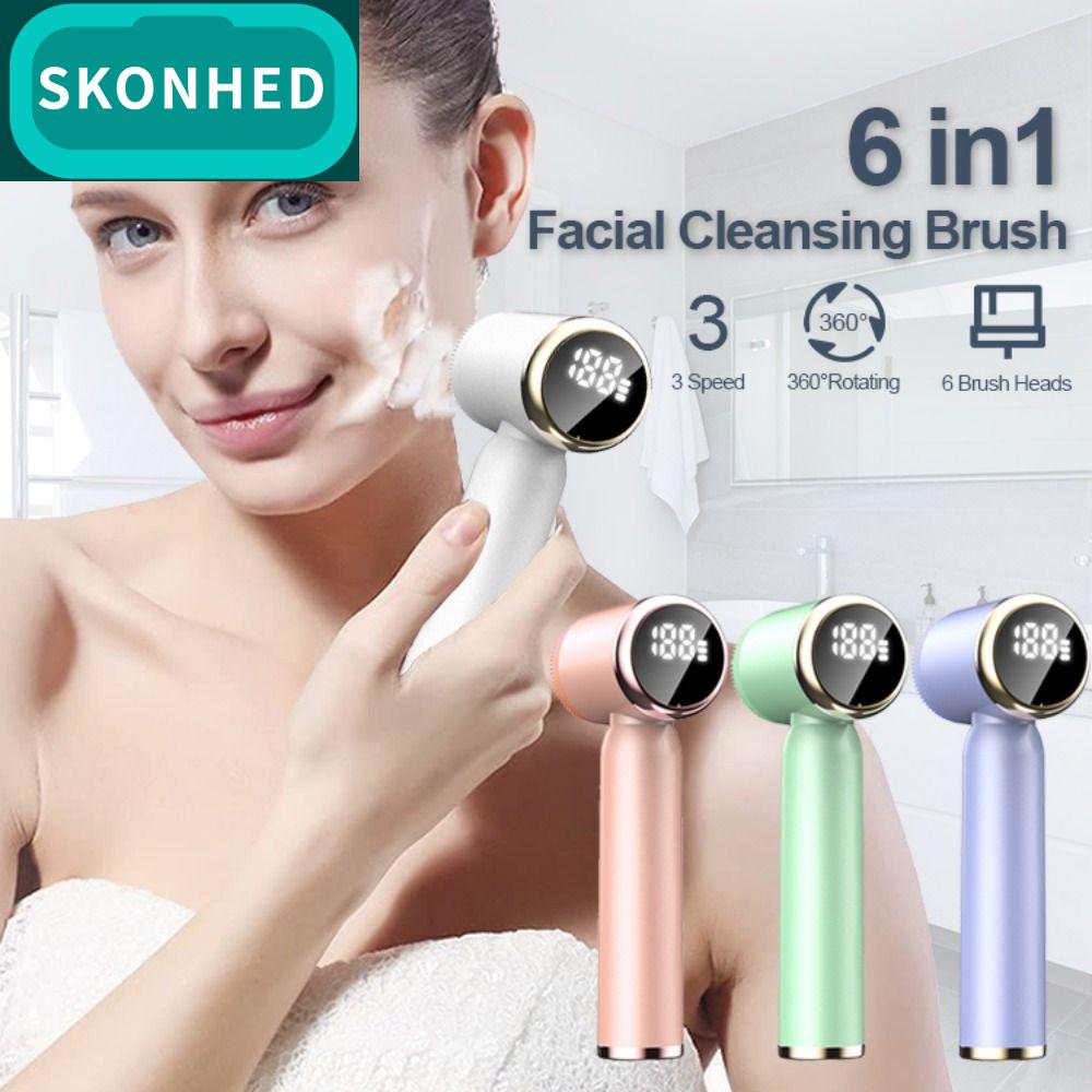 SKONHED 6 ใน 1 แปรงทำความสะอาดผิวหน้าไฟฟ้า หมุนได้ 360 องศา ประคบร้อนและเย็น เครื่องขัดหน้าอัลตราโซนิก แบบพกพา ปรับได้ ผ้าเช็ดหน้า เครื่องนวด นวดหน้า ราคา 1,227 บาท*ส่งฟรี