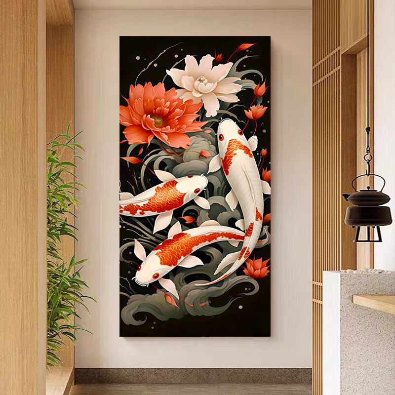 Modern Large Wall Art Canvas Painting Chinese Style Koi Fishes Nine Carps Feng Shui Lotus Pond Decorative Poster with Frame for Home Decor 0505