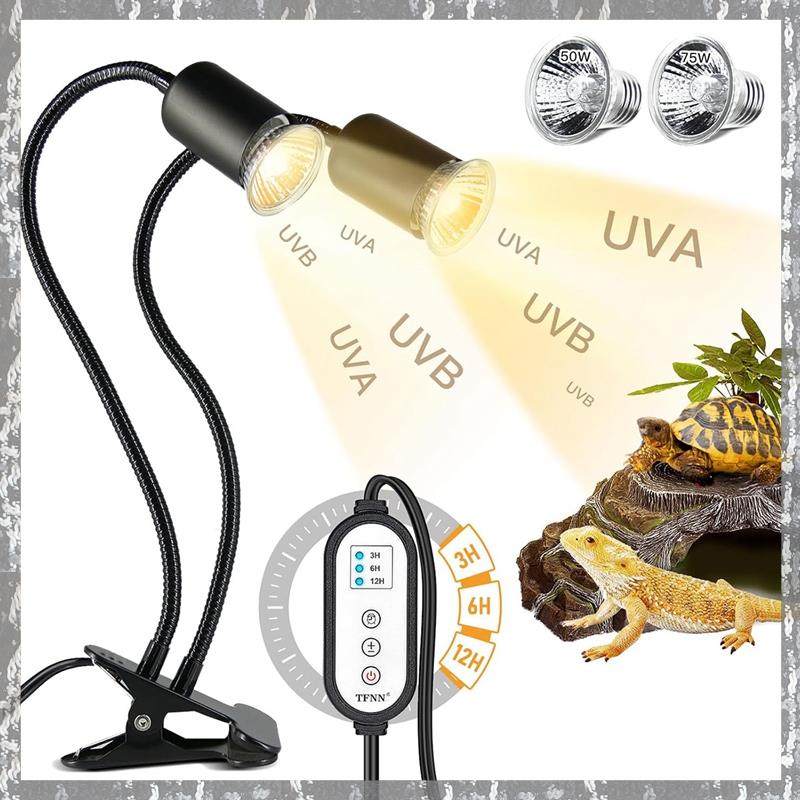 Reptile Heat Lamp, Double-Head Heat Lamp with Clamp,Reptile Light with Cycle Timer for Turtle, Bearded Dragon