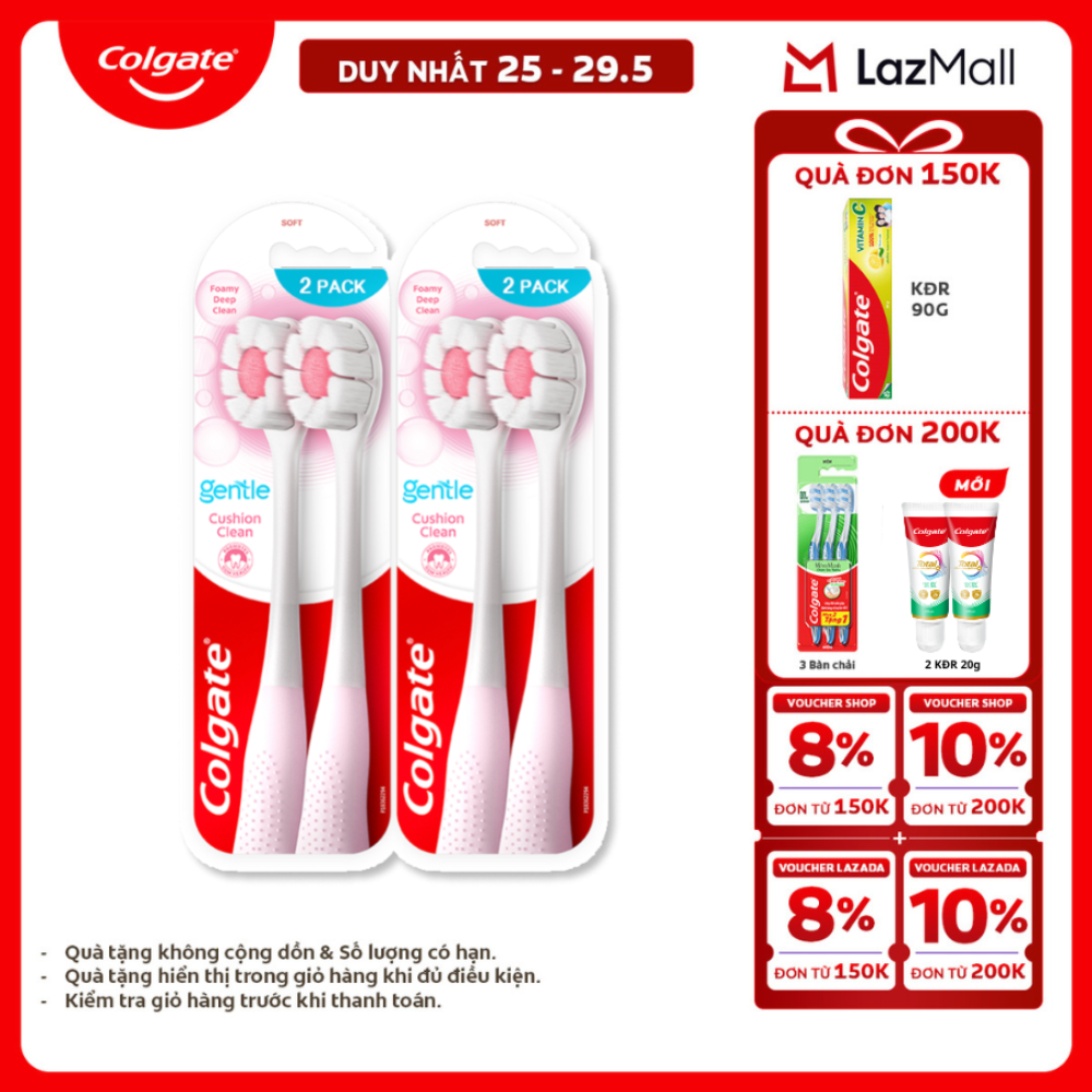 [Chỉ 25-29.5_X2 Voucher giảm 20%] Bộ 4 Bàn chải Colgate Gentle Cushion Clean lông chải siêu dày tạo bọt mịn