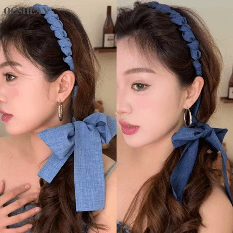 OCSHEAN Cute Denim Ribbon Headband with Braided Knot Design for Summer Sweet Style ราคา 25 บาท*ส่งฟรี