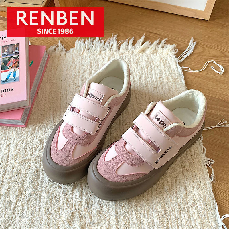 RENBEN New women's Velcro white shoes retro all-match casual sneakers pink thick-soled sneakers