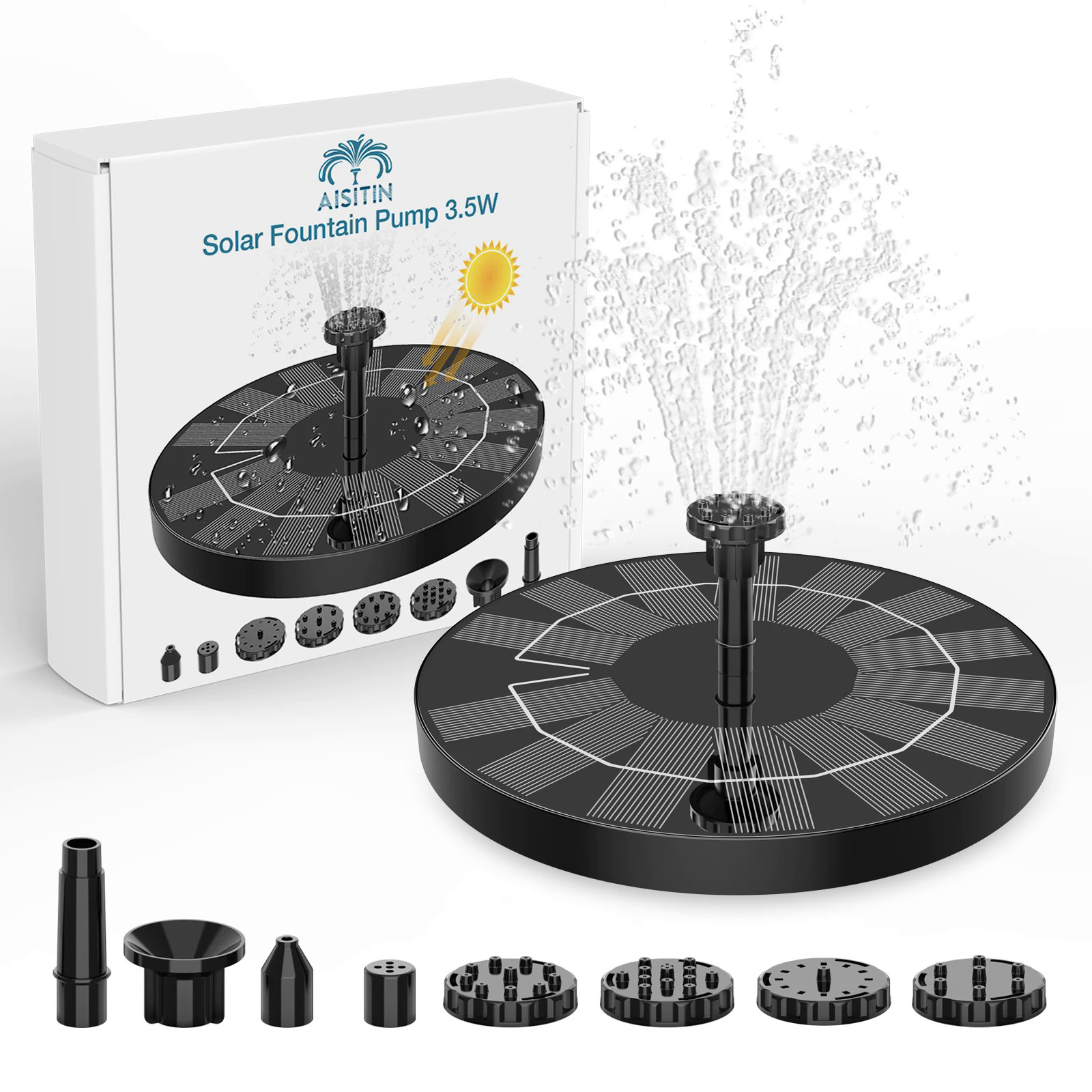 Aisin 3.5W đài phun nước năng lượng mặt trời, đài phun nước năng lượng mặt trời với 6 vòi phun, đài phun nước năng lượng mặt trời cho phòng tắm chim, trang