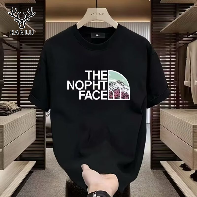  Hanlu Áo phông nam cổ tròn đơn giản áo ngắn tay in thời trang áo thun cotton thoải mái 