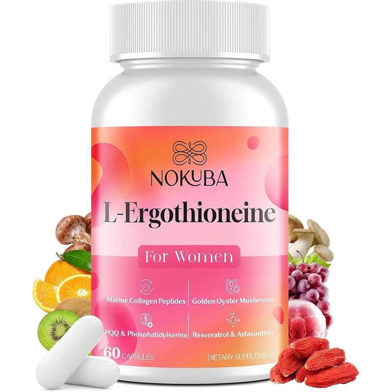L-Ergothioneine với Collagen Peptides, Hyaluronic Acid| 2X Chất chống oxy hóa của Glutathione| Thực phẩm bổ sung collagen 11 trong 1 dành cho phụ nữ| Da, Não, Miễn dịch, Trí tuệ| 60 viên nang