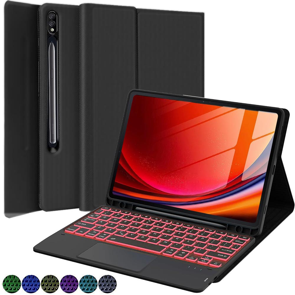Keyboard Case for Samsung Galaxy Tab S10 Plus 12.4 2024, 7 Colors Backlit Smart Trackpad Wireless Bluetooth Keyboard + Stand Flip Leather Cover with S Pen Holder for Samsung Tab S9+,Tab S9 FE,Tab A9 Plus,Tab S8+/S7 FE/S7+,Tab S8 S7,Tab A8,Tab S6 Lite