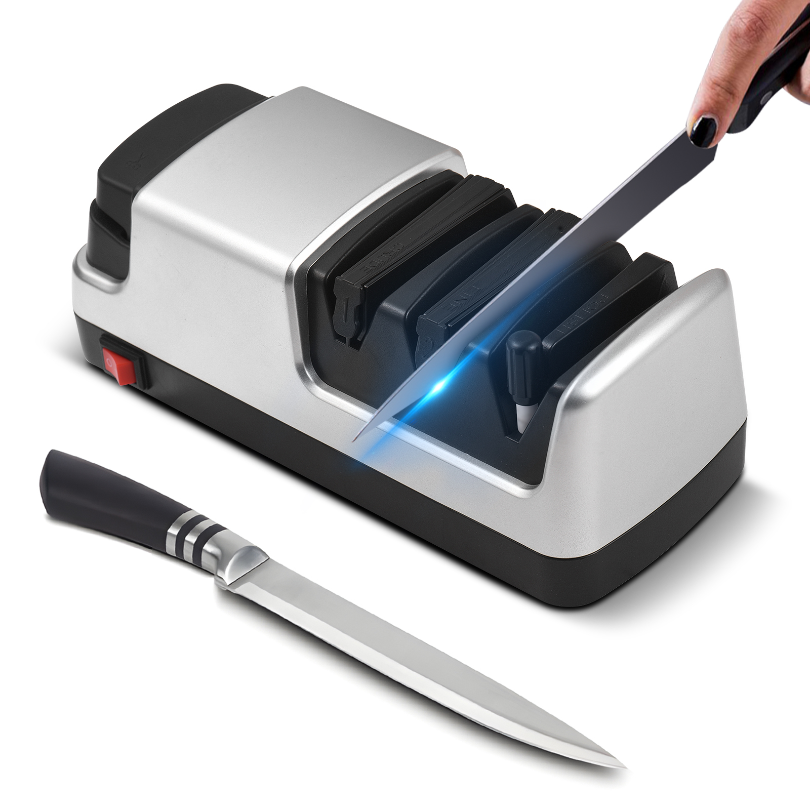 Electric Knife Sharpener 4 in 1 Kitchen Knives Sharpening System with Diamond Abrasives Sharpening and Polishing for Kitchen Straight Edge / Ceramic / Serrated Knife / Scissors ราคา 1,257 บาท*ส่งฟรี