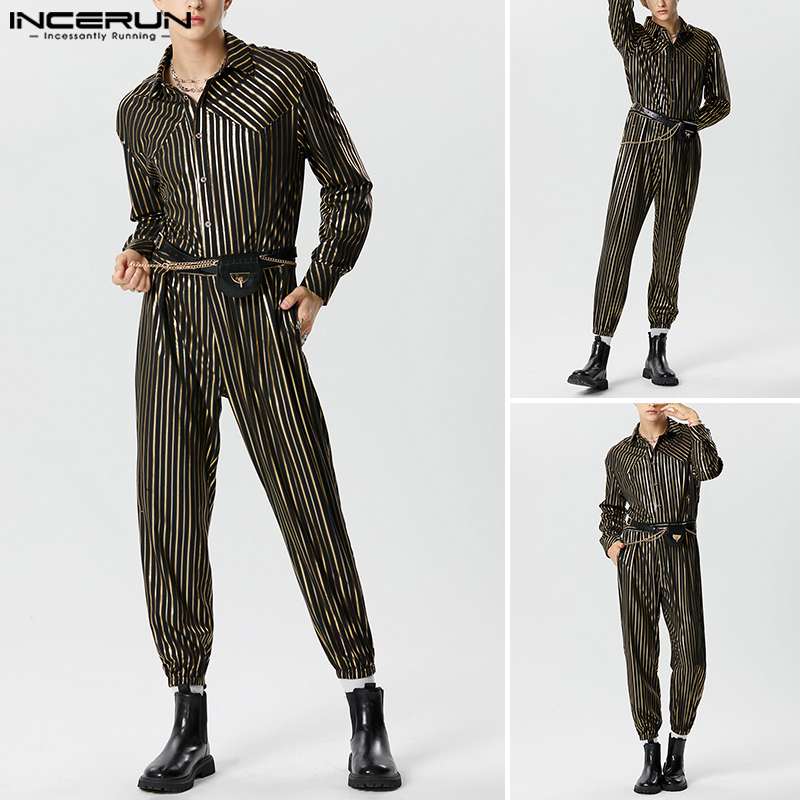 ChArmkpR Store nam hiệu incerun áo liền quần dài tay kẻ sọc voan dài tay cài cúc áo lửng có ve áo (phong cách phương Tây)