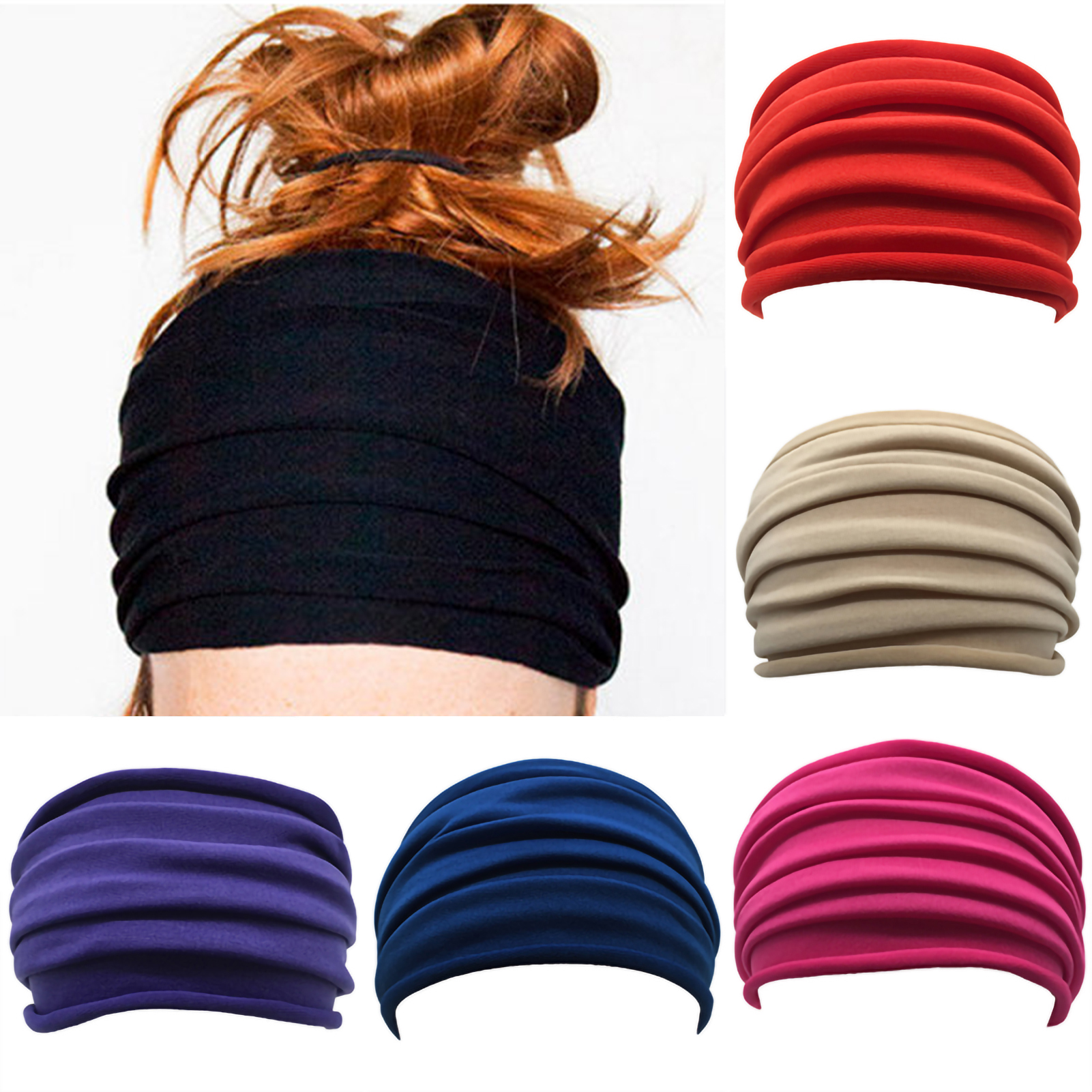 Phoenix B2C Non-Slip Elastic Folds Wide Headband Stretchy Yoga Hair Band