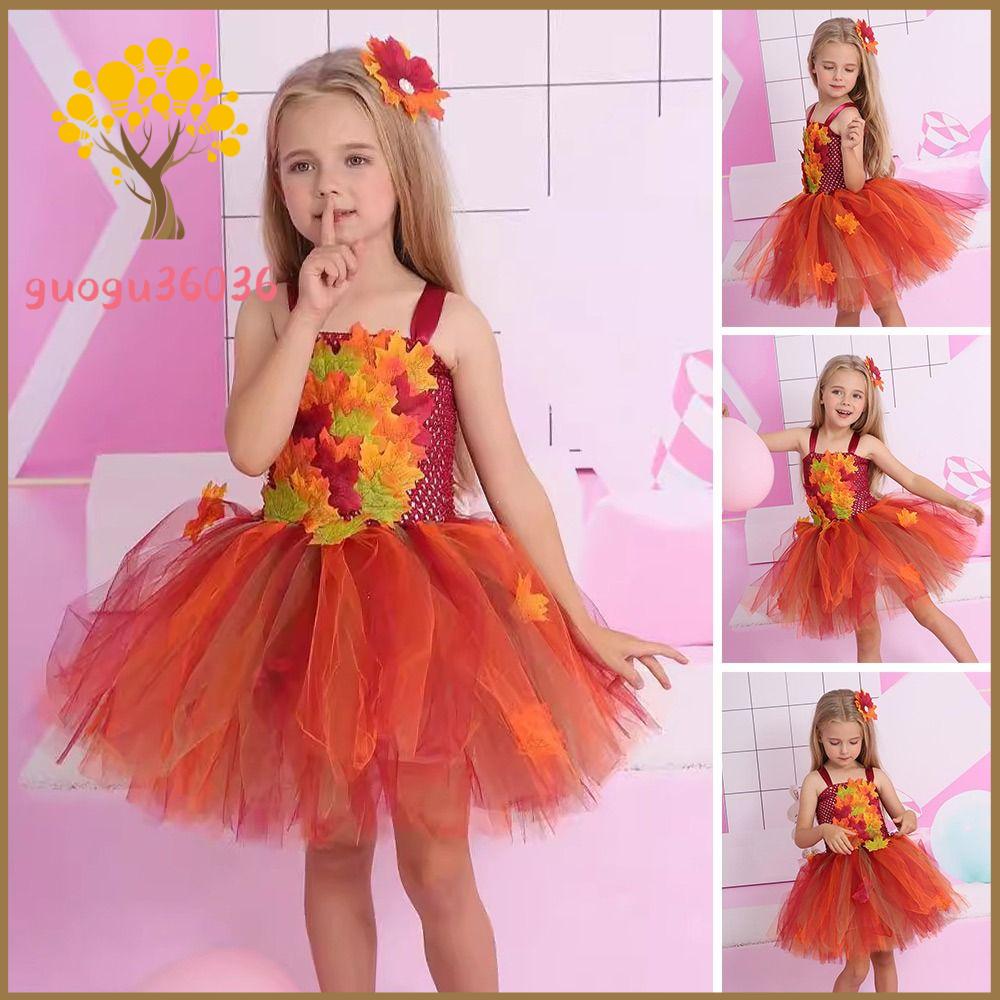 GUOGU Lá phong Váy Tutu cho trẻ em Màu sắc mùa thu với Hairpin Váy công chúa Thời trang Phồng phềnh Váy voan Các cô gái
