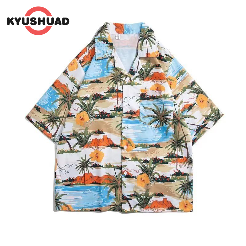 KYUSHUAD Men's V-neck loose Hawaiian short-sleeved shirt Resort style thin shirt ราคา 143 บาท*ส่งฟรี