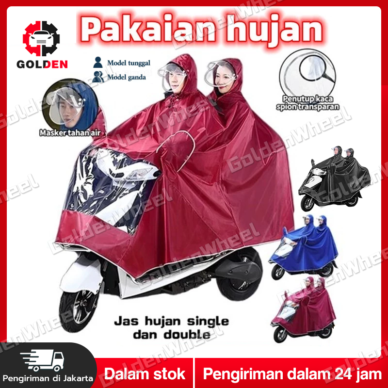 【3In1】Double Hat Raincoat for 2 People/Motorcycle Raincoat/2 Head Full Cover Motorbike Raincoat/Full Body Harga 65,000 rupiah*Gratis Ongkir