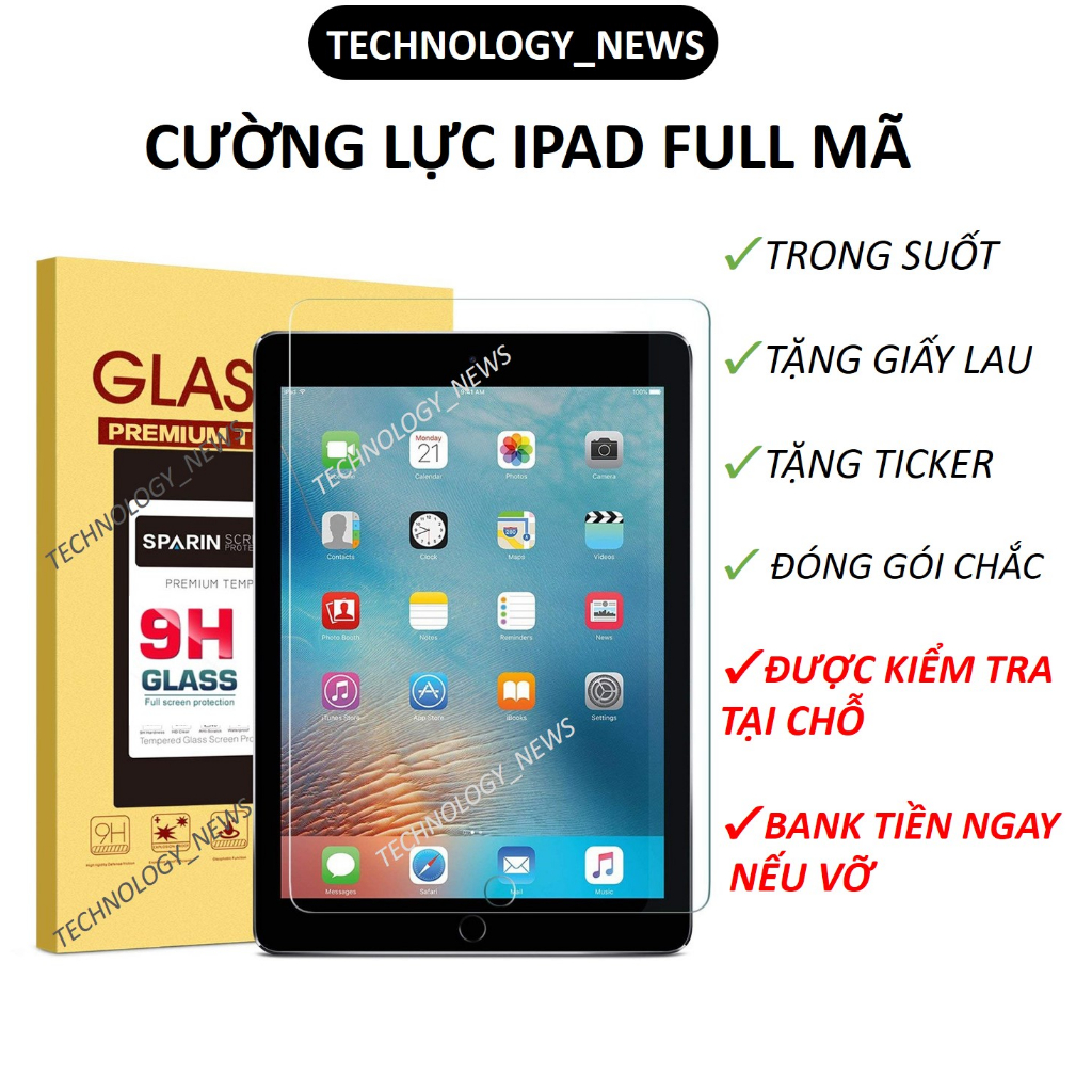 Kính cường lực iPad Air 1/2/3/4, Gen 5/6/7/8/9, Pro 9.7/10.2/10.5/11, Mini, 2016/2017/2018/2019/2020/2021