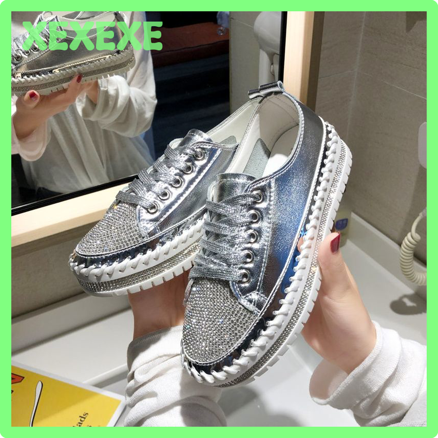 HOT@**@ Women Crystal Shoes 2023 spring Fashion Bing Lace Up Ladies Casual Shoes Comfortable Round Toe Platform Sneakers white shoes