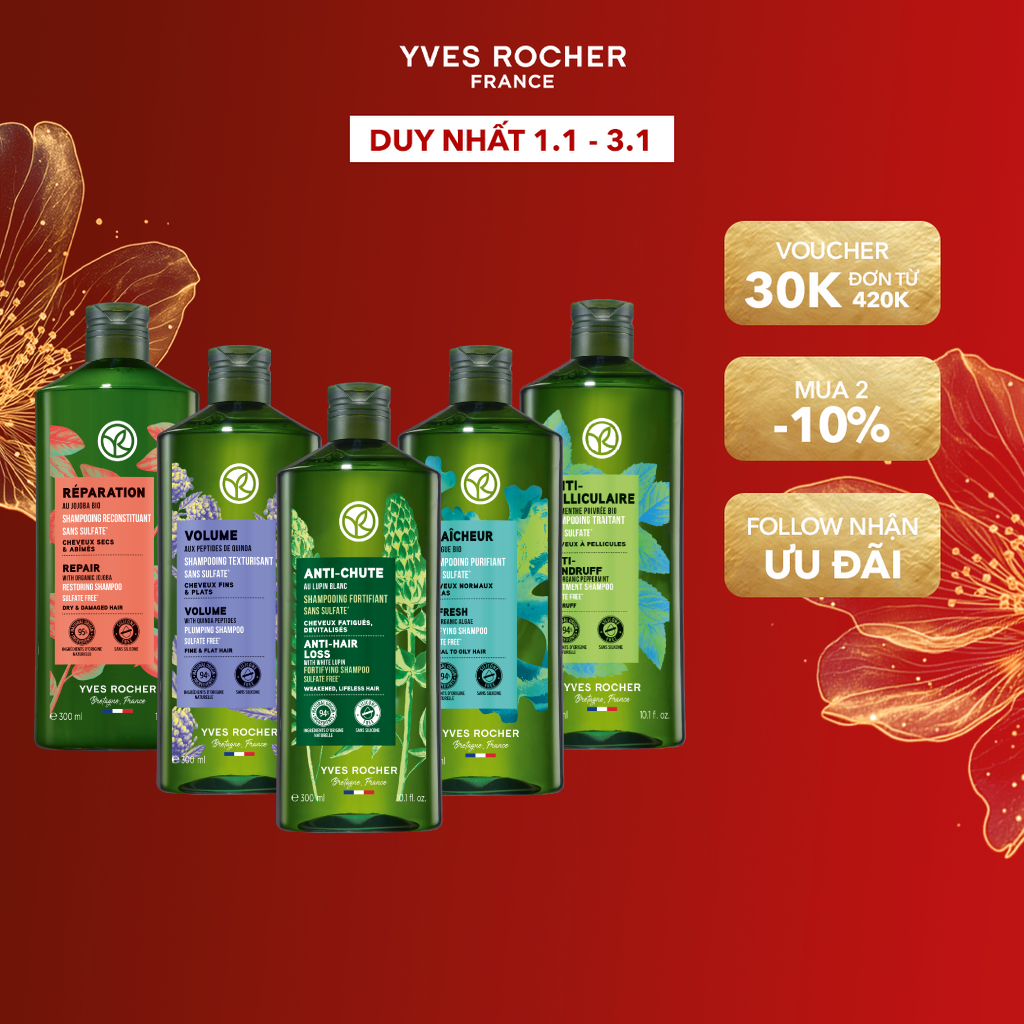 Dầu gội Thiên Nhiên Không Sulfate Không Silicone Yves Rocher Shampoo 300ml nhiều phân loại