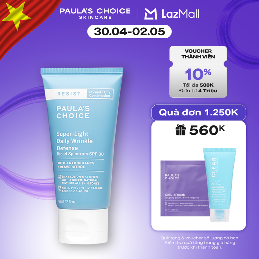 Kem chống nắng dưỡng ẩm đa năng siêu nhẹ không bết dính Paula’s Choice Resist Super - Light Daily Wrinkle Defense SPF 30 - 7760