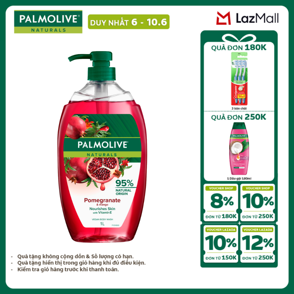 [Chỉ 6-10.6_X2 Voucher giảm 22%] Sữa tắm Palmolive dạng gel chiết xuất Lựu  Xoài và Muối biển cho da mềm mịn, thơm sảng khoái 1L