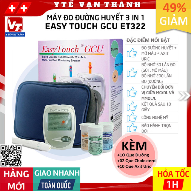 ✅ Máy Đo Đường Huyết 3 Trong 1 (Đường, Cholesterol, Axit Uric) Easy Touch GCU ET322 | Easytouch -VT0749 - Y Tế Vạn Thành