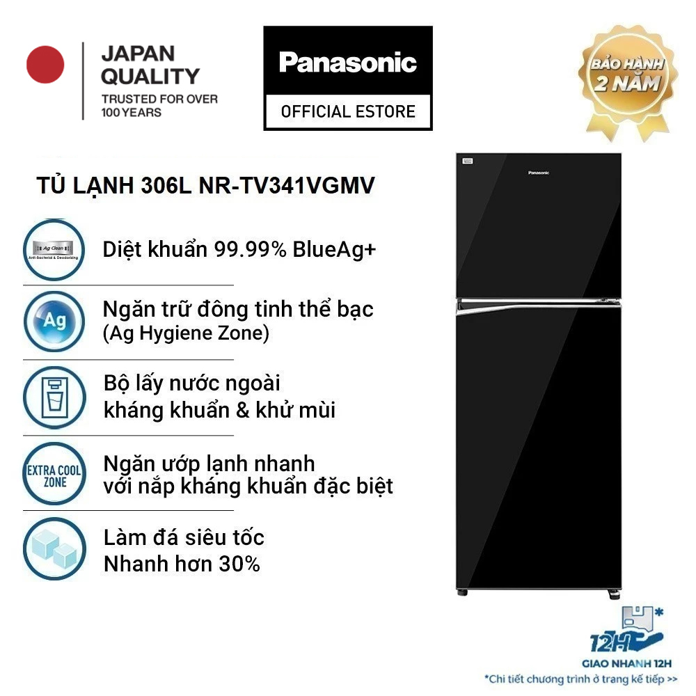 [Trả góp 0%] Tủ lạnh Panasonic Inverter 306 lít NR-TV341VGMV - Làm đá siêu tốc - Bảo hành chính hãng