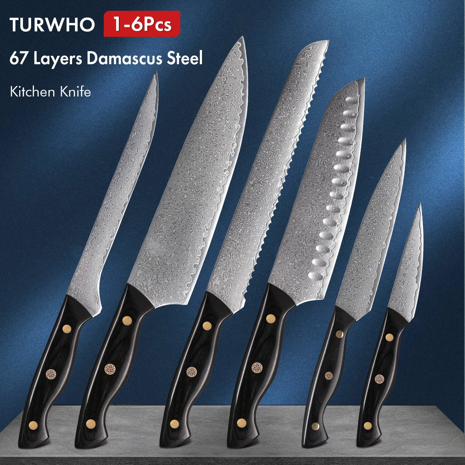 Turwho Bộ Dao đầu bếp nhà bếp 1-6 cái Dao Damascus Nhật Bản dao nhà bếp bằng thép carbon cao VG10 Santoku Dao Tiện Ích