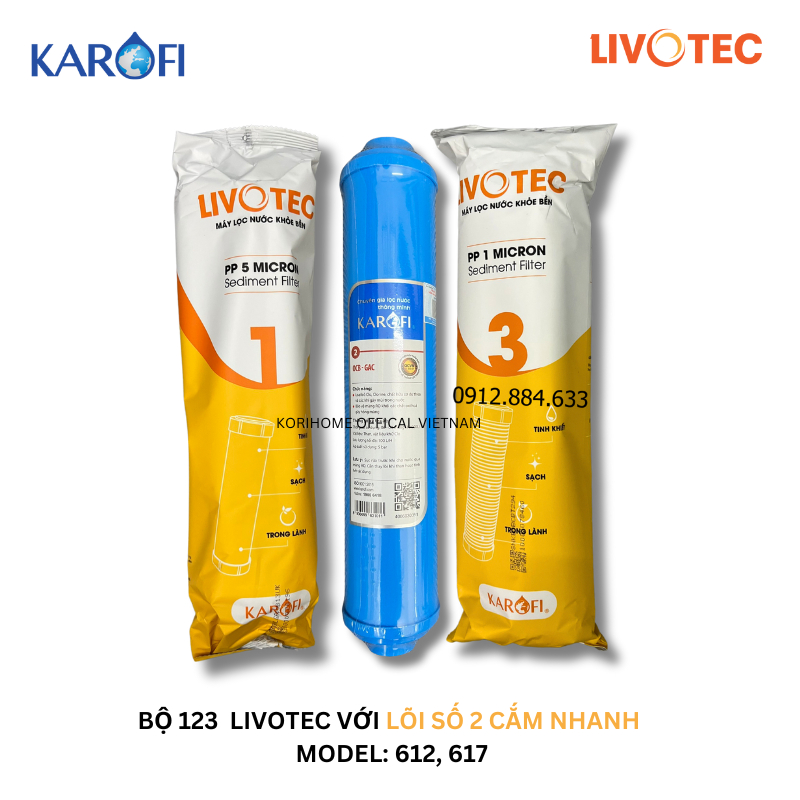 Bộ 3 Lõi Lọc Nước 123 Livotec Karofi với lõi số 2 OCB nhỏ cắm nhanh dùng cho các model Livotec 612 L