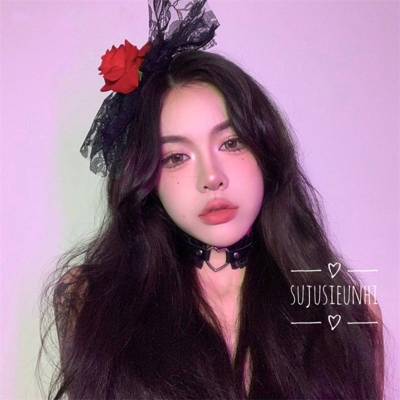 (2 màu) bờm tóc nơ ren đen đính hoa hồng huyền bí phụ kiện băng đô chụp ảnh hoá trang halloween