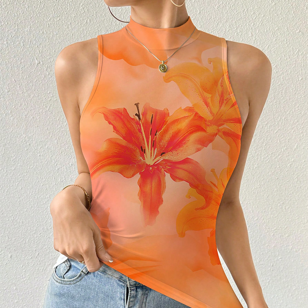 Closet Crush Closet Crush เสื้อคอปีน แขนกุด แต่งชายเฉียง ลายดอก สีส้ม ราคา 85 บาท*ส่งฟรี