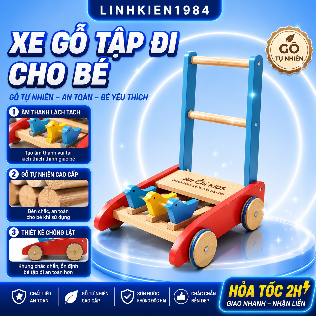 Xe Tập Đi Bằng Gỗ Cho Bé Có Vòng Cao Su Chống Trượt. Đồ Chơi Trẻ Em Thông Minh