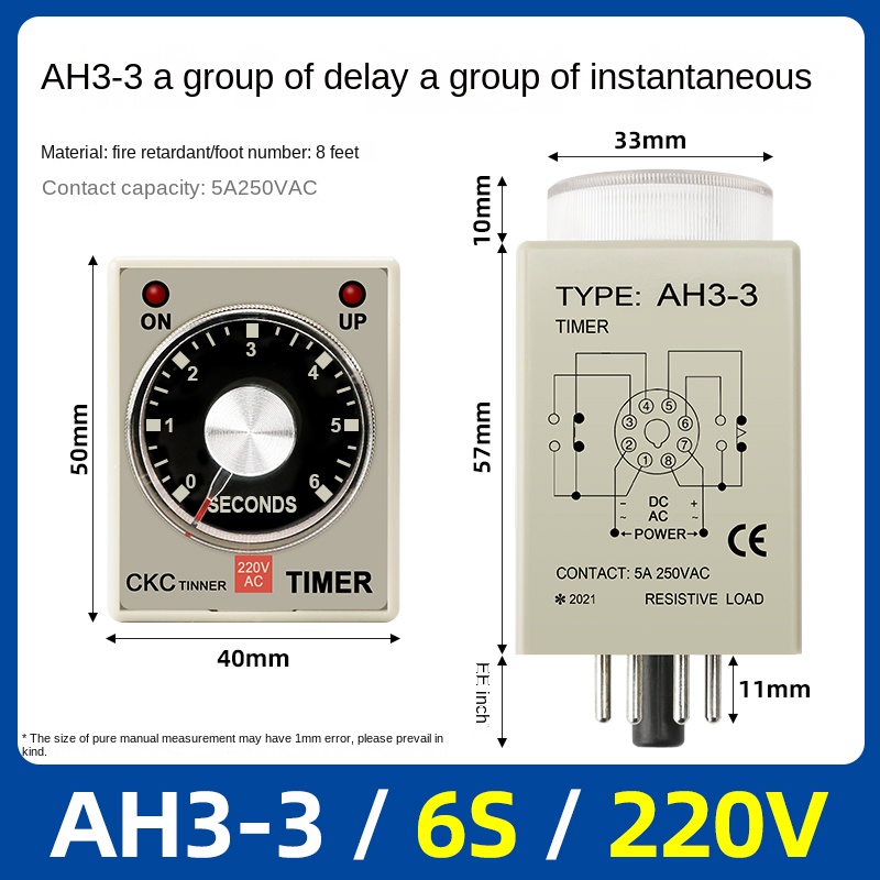 Timer Relay AH3-3 -6S-220V | tùy chọn Rơ Le thời gian AH3-3, AH3-2 CKC, 1s-60m, AC220V/DC24V, Trễ Bật, 8 Chân, Công Nghiệp, IP50, Độ Chính Xác Cao