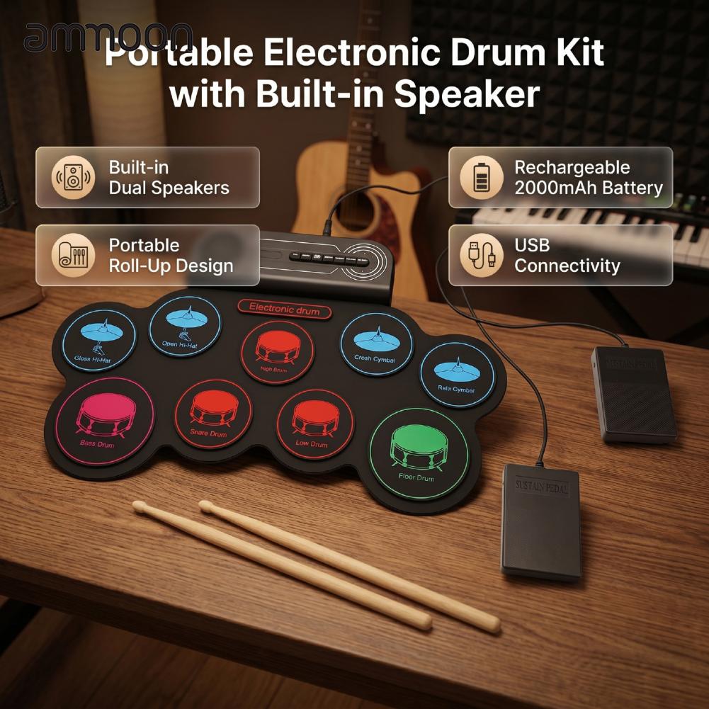 Ammoon Swokely Bộ Trống điện tử Di Động Bộ trống Cuộn lên Pad 9 Pad USB Midi loa tích hợp sẵn giắc cắm tai nghe Kép Bàn Đạp 8 Bản Demo Bài Hát Cho Người Mới Bắt Đầu Trẻ Em