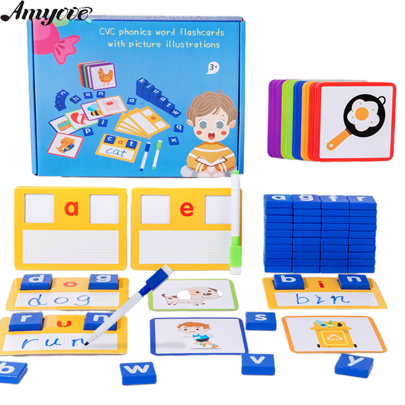 Amyove Kids Learning English Cards CVC Word Spelling Sight Word Flashcards