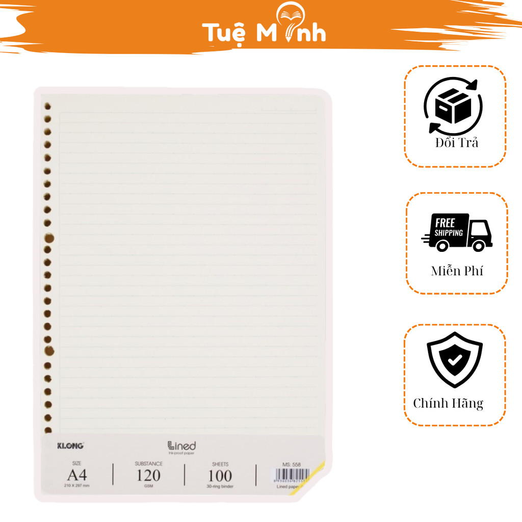 Giấy ruột sổ còng refill A4 100 tờ kẻ ngang Klong MS 558 định lượng 120gsm thay binder