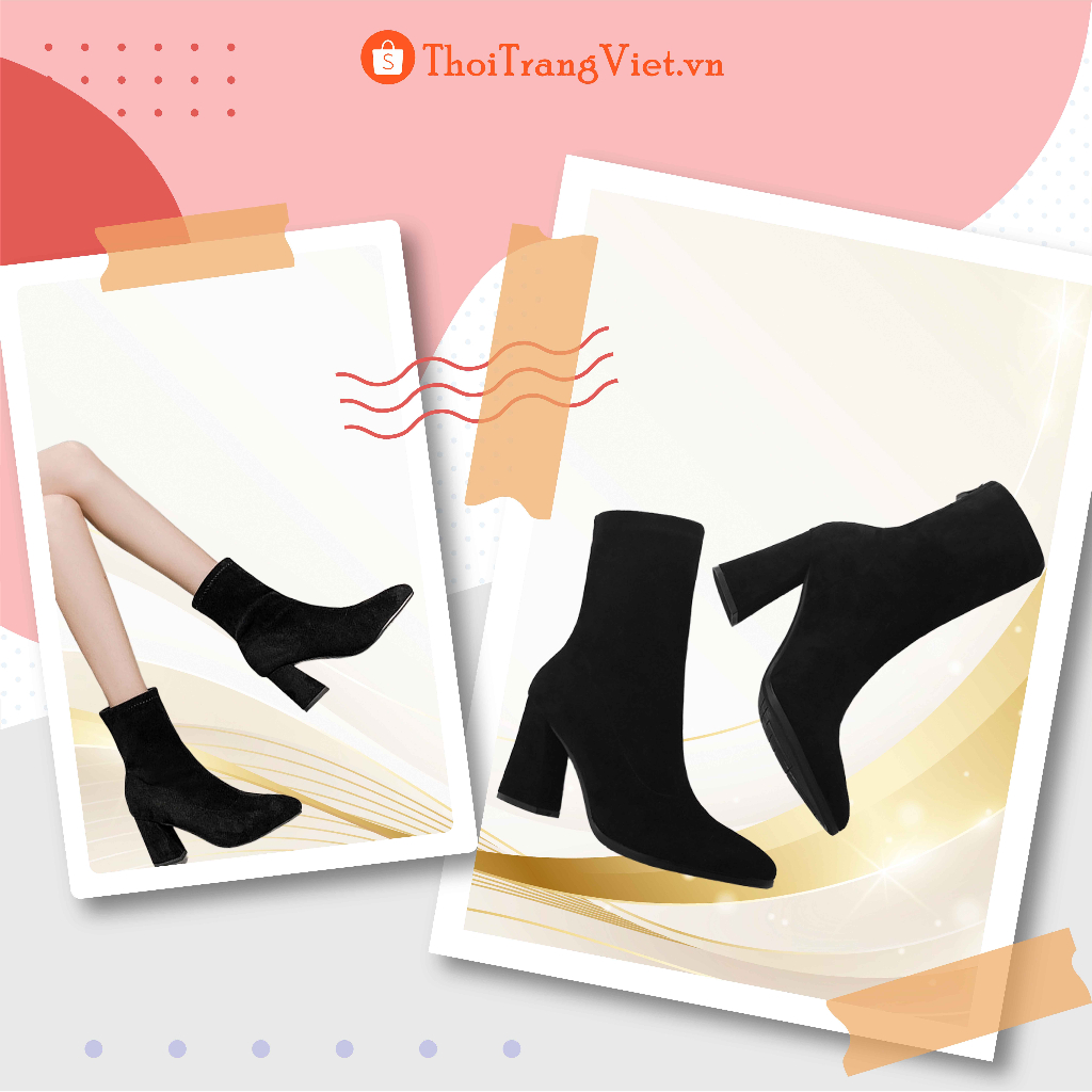 Bốt nữ cổ lửng chất da lộn đế cao 7p, Bốt cao cổ nữ mũi nhọn đế vuông mẫu mới cá tính dễ phối đồ
