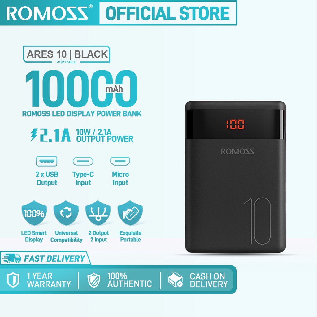 Romoss ares 10 10000mah 10.5w led number display pocket size mini type-c power banks